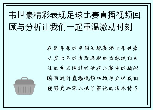 韦世豪精彩表现足球比赛直播视频回顾与分析让我们一起重温激动时刻