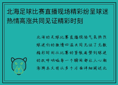 北海足球比赛直播现场精彩纷呈球迷热情高涨共同见证精彩时刻